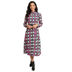 Bold Retro Geometric Print Midi Shirt Dress w/ Belt – Pink Green White  S M L